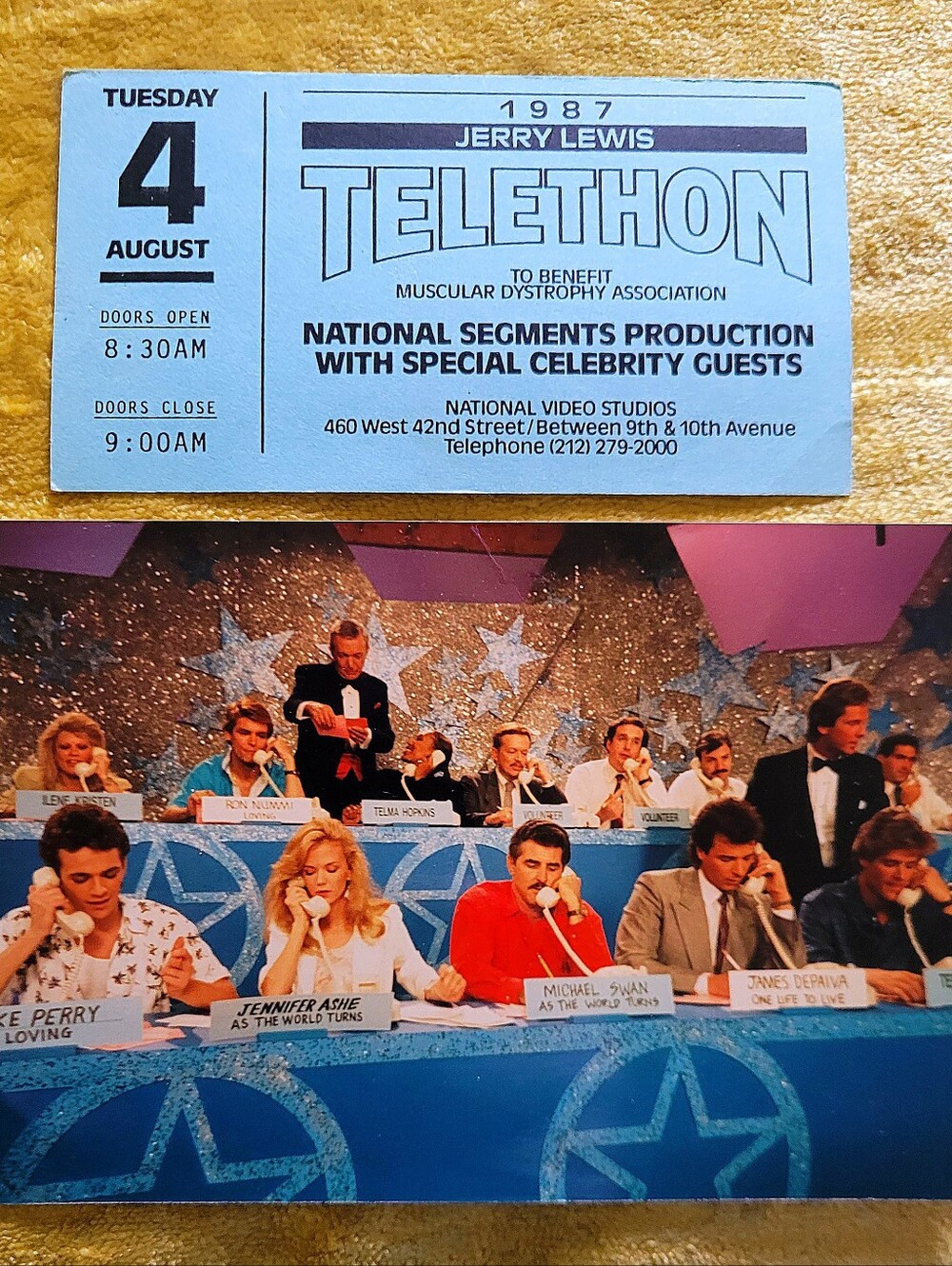 1987 JERRY LEWIS TELETHON TICKET & RARE PHOTO OF DAYTIME SOAP STARS, Luke Perry